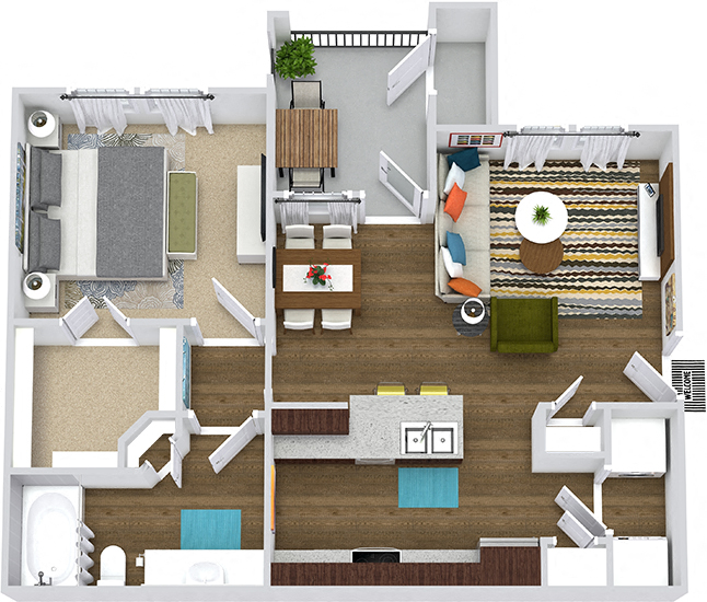 Floor plan for 1 bed, 1 bath, 725 sqft